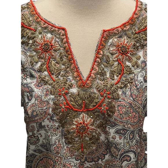 Soft Surroundings Womens M Top Paisley Floral Beaded Tunic Boho Embellished - Picture 2 of 6